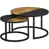 Wohnling Couchtisch 2er Set Mango Massivholz / Stein-Optik Sofatisch Rund Modern Beistelltisch 2-teilig Runde Wohnzimmertische Holztisch Satztische