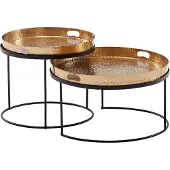 Wohnling Couchtisch 2er Set Rund Metall Gold Schwarz Hammerschlag Tablett