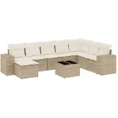 vidaXL 9-tlg. Garten-Sofagarnitur mit Kissen Beige Poly Rattan