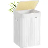 Songmics Wäschekorb, 95 L, mit Deckel, faltbar, Bambus, herausnehmbarer und maschinenwaschbarer Innenbeutel, für Bad und Schlafzimmer, Weiß LCB060W01
