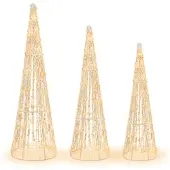 Coast 3er LED Weihnachtsbaum Kegelform 81/72/62cm, beleuchtete Weihnachtsdeko mit 90 LEDs in Warmweiß & Sternschnüren, Lichterbaum Tannenbaum Metall
