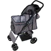 MonsterShop Haustierwagen mit Regenabdeckung und Fronttasche – blaues Tartanmuster