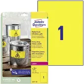 Avery Etiketten L6111-20, wetterfest, extrem robust, geeignet für Laserdrucker, 210 x 297 mm, 20 Stück/20 A4-Bogen, Polyester-Folie, gelb