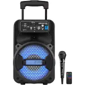 Cefa Toys Tragbarer Bluetooth-Lautsprecher mit Mikrofon, Fernbedienung, Akku, LED-Beleuchtung, MP3-USB-Produkt, Teleskopgriff und Räder, 100 Watt.
