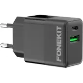 FoneKit Double -laturi, USB-C + USB-A, musta