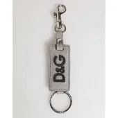 Dolce&Gabbana Grauer Leder-Logo-Metallring-Schlüsselanhänger für Männer
