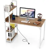 Costway Schreibtisch mit Ladestation, Computertisch mit Bücherregal & Metallrahmen, Bürotisch Holz mit USB & Steckdosen, PC Tisch Arbeitstisch, Natur