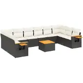 vidaXL 11-tlg. Garten-Sofagarnitur mit Kissen Schwarz Poly Rattan