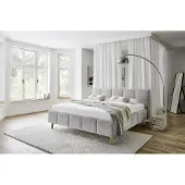 Meise Stauraumbett Alva 160x200 cm | Bettkasten & Lattenrost | Bouclé-Stoff Silver | Holzfuß eichefarbig