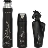 Lattafa Maahir Black Edition Geschenkset Eau de Parfum 100ml/Deo Spray 200ml/Air Freshener 300ml
