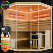 Artsauna Traditionelle Sauna Vantaa natur - moderne Indoorsauna für 3 Personen, Hemlock Holz, Sicherheitsglas, RGB LED Beleuchtung mit Fernbedienung, Saunaofen 6 kW