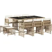 vidaXL 11-tlg. Garten-Essgruppe mit Kissen Beige Poly Rattan