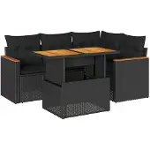 vidaXL 5tlg. Garten-Sofagarnitur mit Kissen Schwarz Poly Rattan Akazie