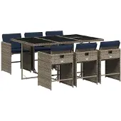 vidaXL 7-teiliges Garten-Ess-Set mit Kissen, grau, Polyrattan