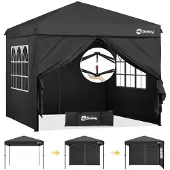 Sekey Pop Up Pavillon 3x3 Wasserdicht Stabil, Faltpavillon 3m x 3m mit Seitenwänden, Partyzelt Faltbar für Camping Party, Stufenlos Höheverstellbar 250 bis 270cm, Premium Serie 3x3, Schwarz