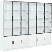 OKWISH Vitrine mit LED Beleuchtung Schranktüren Stauraum Wohnzimmer 240x32x200cm Weiß
