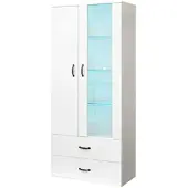 OKWISH Vitrine mit 2 Türen LED Beleuchtung Wohnzimmer 59.5x35x182cm Weiß
