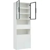 OKWISH Vitrine mit Glastüren Schubladen LED Beleuchtung Wohnzimmer 70x30x200cm Weiß