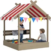 Outsunny SANDKASTEN mit Dach, Sandkiste aus Holz mit Sitzplatz, Spielhaus für 3-7 Jahre