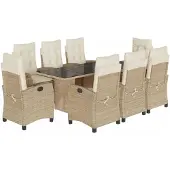 vidaXL 9-tlg. Garten-Essgruppe mit Kissen Beige Poly Rattan