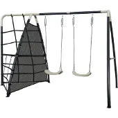 Axi Schaukel Set aus Metall in Anthrazit & Creme | Doppelschaukel & Kletternetz mit Gestell | Gartenschaukel für Kinder / Kinderschaukel | Schaukelgestell für den Garten