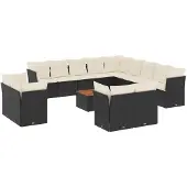 vidaXL 14-tlg. Garten-Sofagarnitur mit Kissen Schwarz Poly Rattan