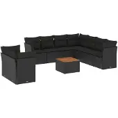 vidaXL 10-tlg. Garten-Sofagarnitur mit Kissen Schwarz Poly Rattan