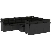 vidaXL 11-tlg. Garten-Sofagarnitur mit Kissen Schwarz Poly Rattan