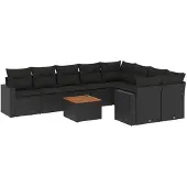 vidaXL 10-tlg. Garten-Sofagarnitur mit Kissen Schwarz Poly Rattan