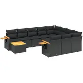 vidaXL 11-tlg. Garten-Sofagarnitur mit Kissen Schwarz Poly Rattan