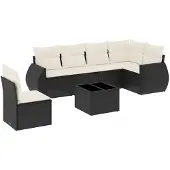 vidaXL 7-tlg. Garten-Sofagarnitur mit Kissen Schwarz Poly Rattan
