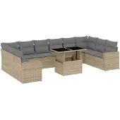 vidaXL 11-tlg. Garten-Sofagarnitur mit Kissen Beige Poly Rattan