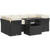 vidaXL 7-tlg. Garten-Sofagarnitur mit Kissen Schwarz Poly Rattan