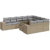 vidaXL 11-tlg. Garten-Sofagarnitur mit Kissen Beige Poly Rattan