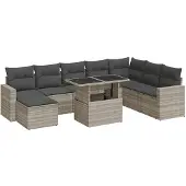 vidaXL 9-tlg. Garten-Sofagarnitur mit Kissen Hellgrau Poly Rattan