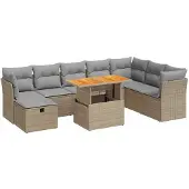 vidaXL 9-tlg. Garten-Sofagarnitur mit Kissen Beige Poly Rattan Akazie