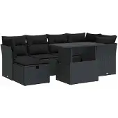 vidaXL 7-tlg. Garten-Sofagarnitur mit Kissen Schwarz Poly Rattan