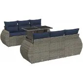 vidaXL 7-tlg. Garten-Sofagarnitur mit Kissen Grau Poly Rattan Akazie