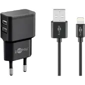 Wentronic Apple Lightning Dual-Ladeset (12 W), Netzteil mit 2x USB-Anschlüssen, Apple Lightning-Kabel, 1 m, schwarz, Drinnen, AC, 5 V, 1 m, Schwarz