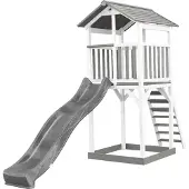 Axi Beach Tower Spielturm aus Holz in Weiß & Grau | Spielhaus für Kinder mit grauer Rutsche und Sandkasten | Stelzenhaus für den Garten