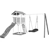 Axi Beach Tower Spielturm aus Holz in Weiß & Grau | Spielhaus für Kinder mit grauer Rutsche, Nestschaukel und Sandkasten | Stelzenhaus für den Garten