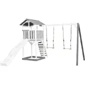 Axi Beach Tower Spielturm aus Holz in Weiß & Grau | Spielhaus für Kinder mit weißer Rutsche, Doppelschaukel und Sandkasten | Stelzenhaus für den Garten