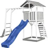Axi Beach Tower Spielturm aus Holz in Weiß & Grau | Spielhaus für Kinder mit blauer Rutsche, Klettergerüst und Sandkasten | Stelzenhaus für den Garten