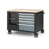 HBM Werkzeugwagen, mobile Werkbank 114 cm mit Holzarbeitsplatte, Schwarz/Grau