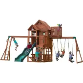 Backyard Discovery Spielturm Skyfort II aus Holz | XXL Spielhaus für Kinder mit Rutsche, Schaukel, Trapezstange, Kletterwand und Aussichtsturm | Stelzenhaus für den Garten