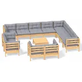 vidaXL 13-tlg. Garten-Lounge-Set mit Grauen Kissen Massivholz Kiefer