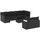 vidaXL 10-tlg. Garten-Sofagarnitur mit Kissen Schwarz Poly Rattan