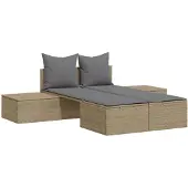 vidaXL Doppel-Sonnenliege mit Auflagen Beige Poly Rattan