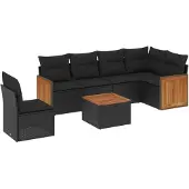 vidaXL 7-tlg. Garten-Sofagarnitur mit Kissen Schwarz Poly Rattan