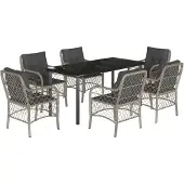 vidaXL 7-tlg. Garten-Essgruppe mit Kissen Hellgrau Poly Rattan